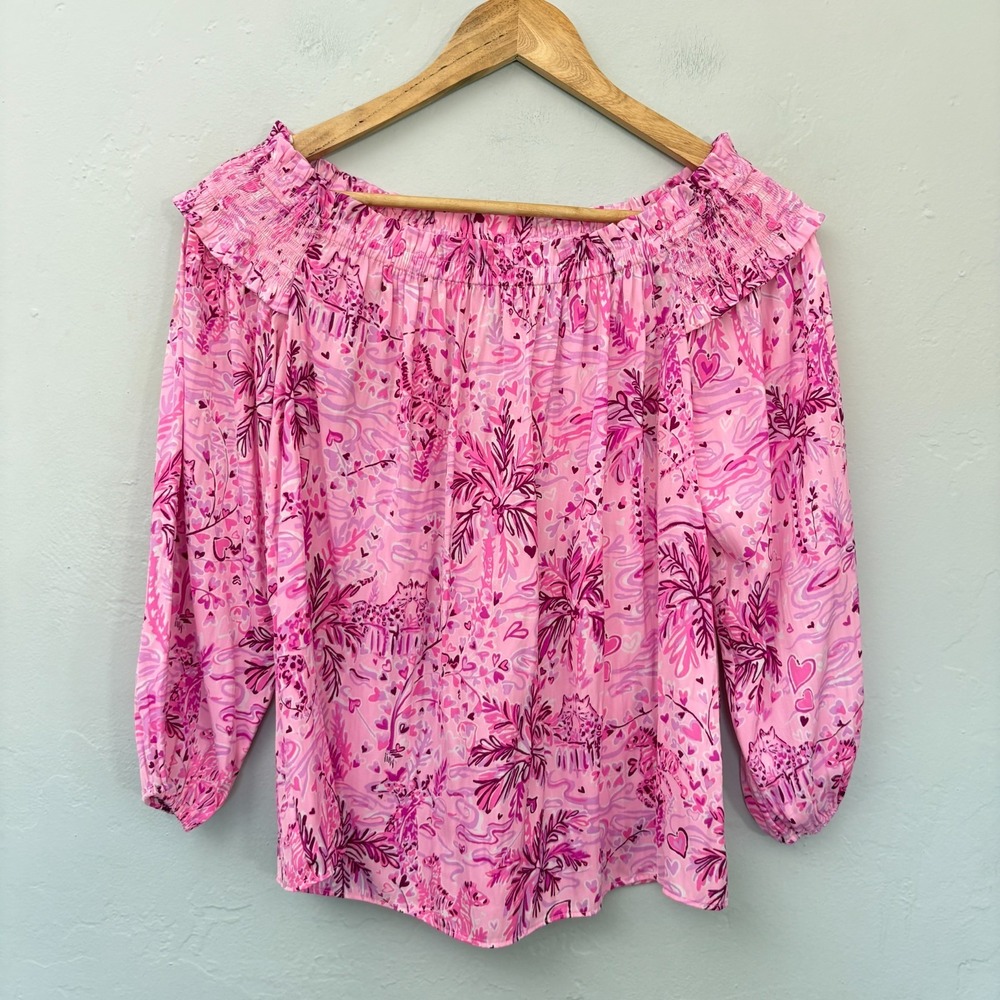 Lilly Pulitzer Blanche Of The Shoulder Top Women Size Small Pink Floral Hearts